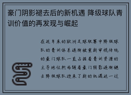 豪门阴影褪去后的新机遇 降级球队青训价值的再发现与崛起