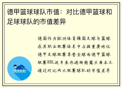 德甲篮球球队市值：对比德甲篮球和足球球队的市值差异