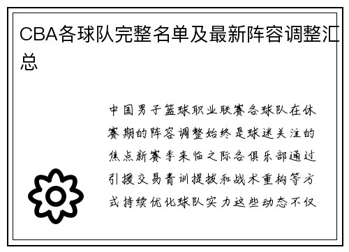 CBA各球队完整名单及最新阵容调整汇总