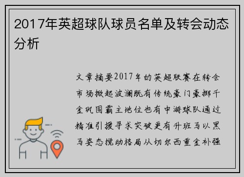 2017年英超球队球员名单及转会动态分析